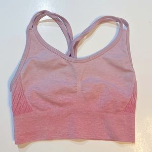 EUC S pale pink Velocity sports bra 4 straps racer back front gather 6% spandex